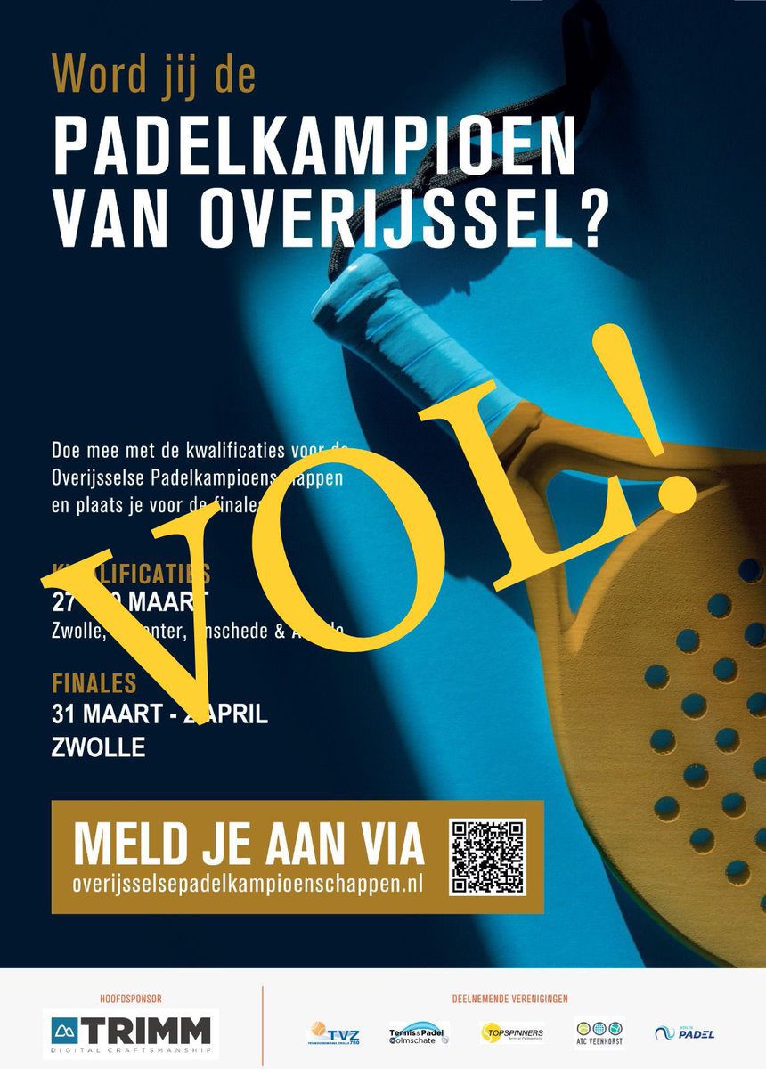 ❕Padellers opgelet! ❕

Inschrijving voor kwalificatie van Overijsselse Padel Kampioenschappen @tvz750 zitten VOL! 🔥

Nog meedoen? De kwalificaties in Colmschate, Almelo en Enschede staan nog even open!

Op de reservelijst? Mail even naar de contactgegevens op de aanmeldpagina.
