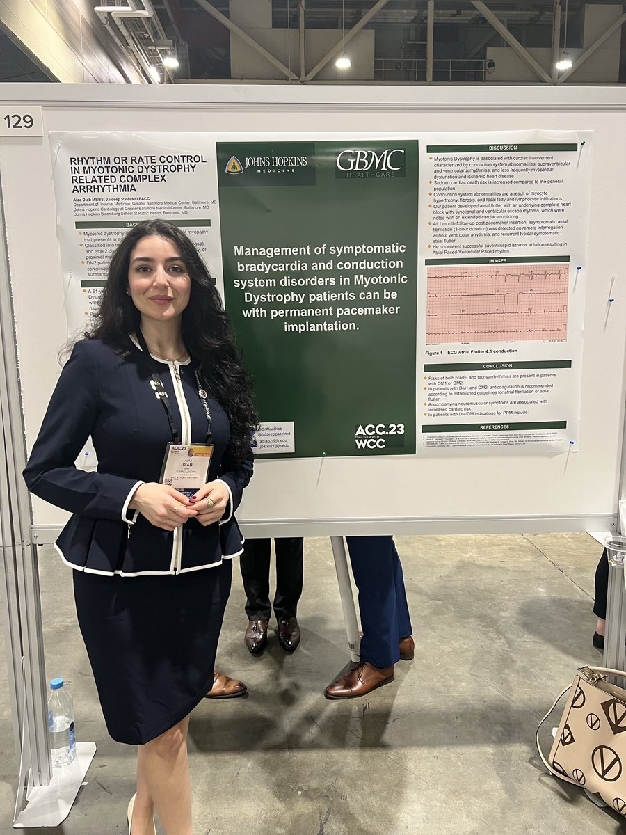 🫀My poster on Myotonic Dystrophy case:
🔸 Risks of both brady- and tachyarrhythmias are present.
🔸 Anticoagulation per guidelines for AFib or flutter.
🔸 Neuromuscular symptoms are associated with increased cardiac risk.

Thankful to Dr. @jaideeppatelmd’s mentorship 🤍 #ACC2023