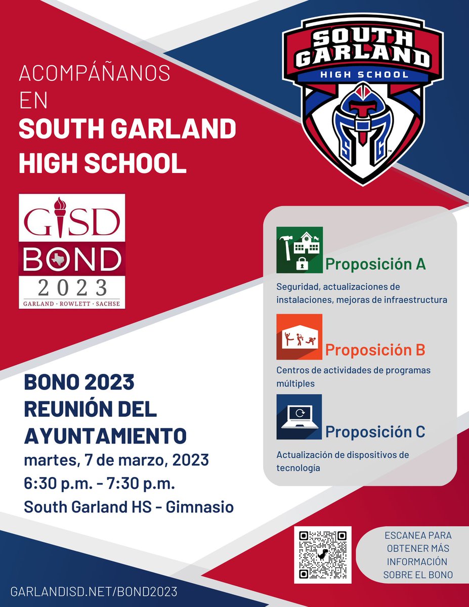 Interested in learning more about the Bond 2023? Please make plans to attend the South Garland Town Hall Meeting on March 7th. Doors open at 6pm with entertainment from SGHS Fine Arts!
We hope to see you there!