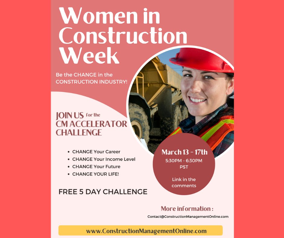 CoryThomasFisk's tweet photo. DON'T WAIT TO TRANSITION YOUR CAREER!
👷🚧BE THE CHANGE!!!🚧👷
Register for the FREE
5 Day Construction Management Accelerator Challenge
March 13 - 17th 
5:30PM - 6:30PM PST
Learn what it takes to become a Construction Manager!
https://t.co/ctFuqmidVt https://t.co/hdOlm1k7cW