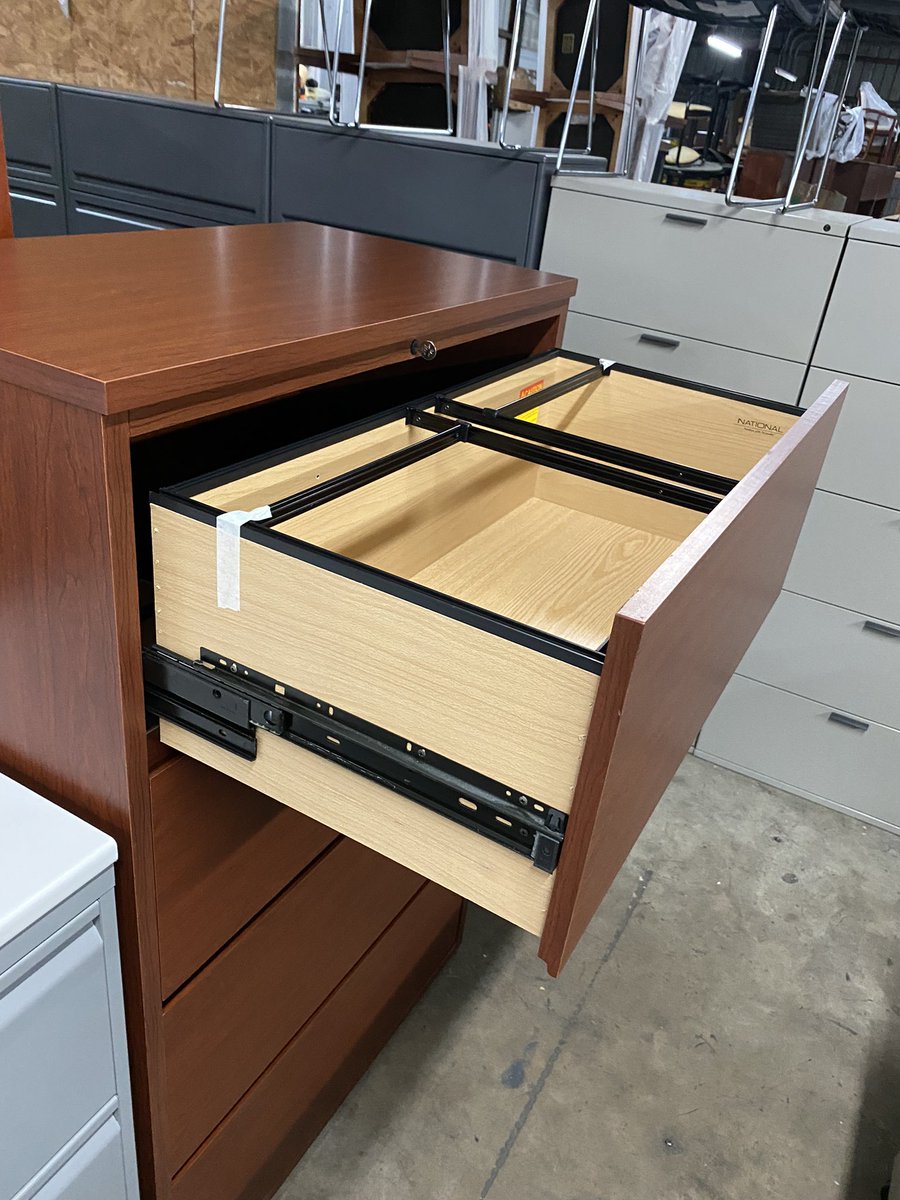 DFSIHOUSTON's tweet image. National Waveworks 4 drawer lateral file cabinet, commercial grade, laminate in cherry finish, file hanging frames, working lock with key, dimensions: 36” wide x 21” deep x 58” height #national #filecabinets #HoustonTX