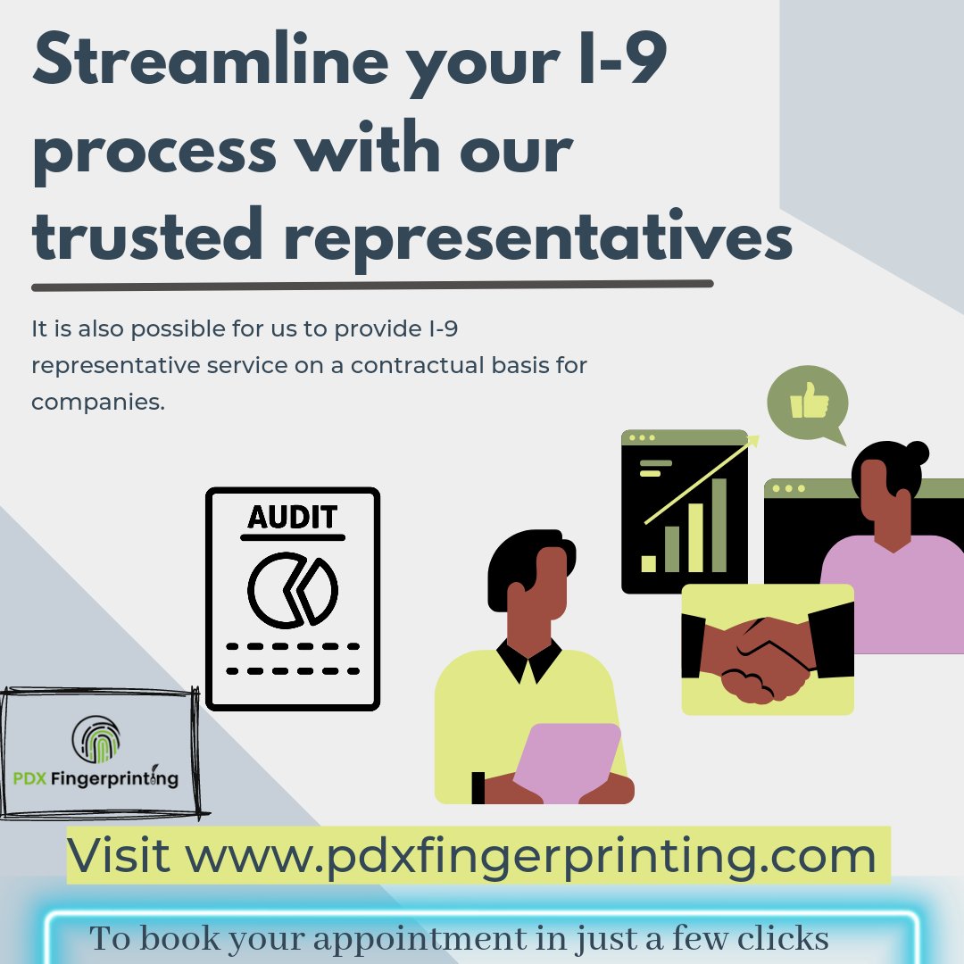 Want trusted representatives for i9 process,

Call now for consultancy or visit pdxfingerprinting.com
Call 503-212-0678 
#i9verification #i9notary #i9authorizedrepresentative #19verificationnearme #employeeverification #trustedrepresentatives #i9verificationportland #i9