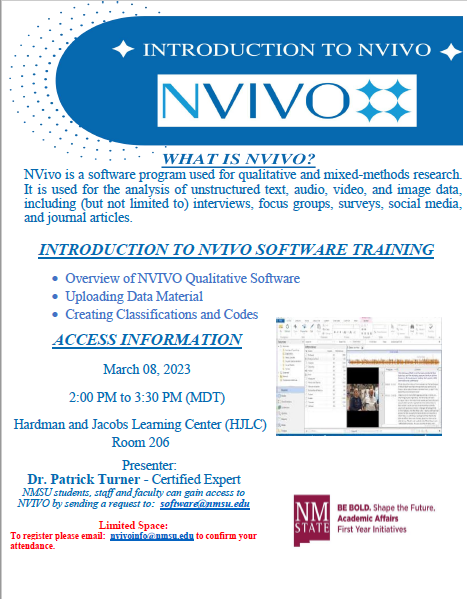 Join Dr. Patrick Turner on Wednesday 8th March for an introductory session to NVIVO software training. See flyer for more details.