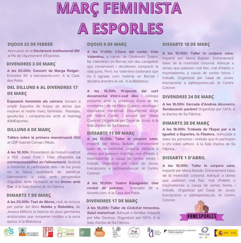 martaneuslopez's tweet photo. 🟣 Ja fa uns dies vàrem fer el sus al març feminista a Esporles.

I ja tenim els carrers plens de frases inspiradores i les primeres activitats, amb les Dones amb Cor i en Pep Alemany, per parlar de la corresponsabilitat en l’alimentació…i seguim!

#8MEsporles https://t.co/T8WPMzUv8U