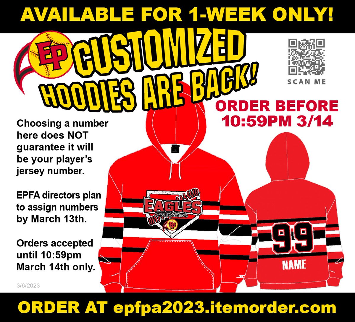 Custom EP Eagles sweatshirts available one week only! Must order before March 14th at 10:59pm. If you choose a number here, it does NOT guarantee that it will be your player’s jersey number. EPFA directors plan to assign numbers by March 13th. Get yours at epfpa2023.itemorder.com
