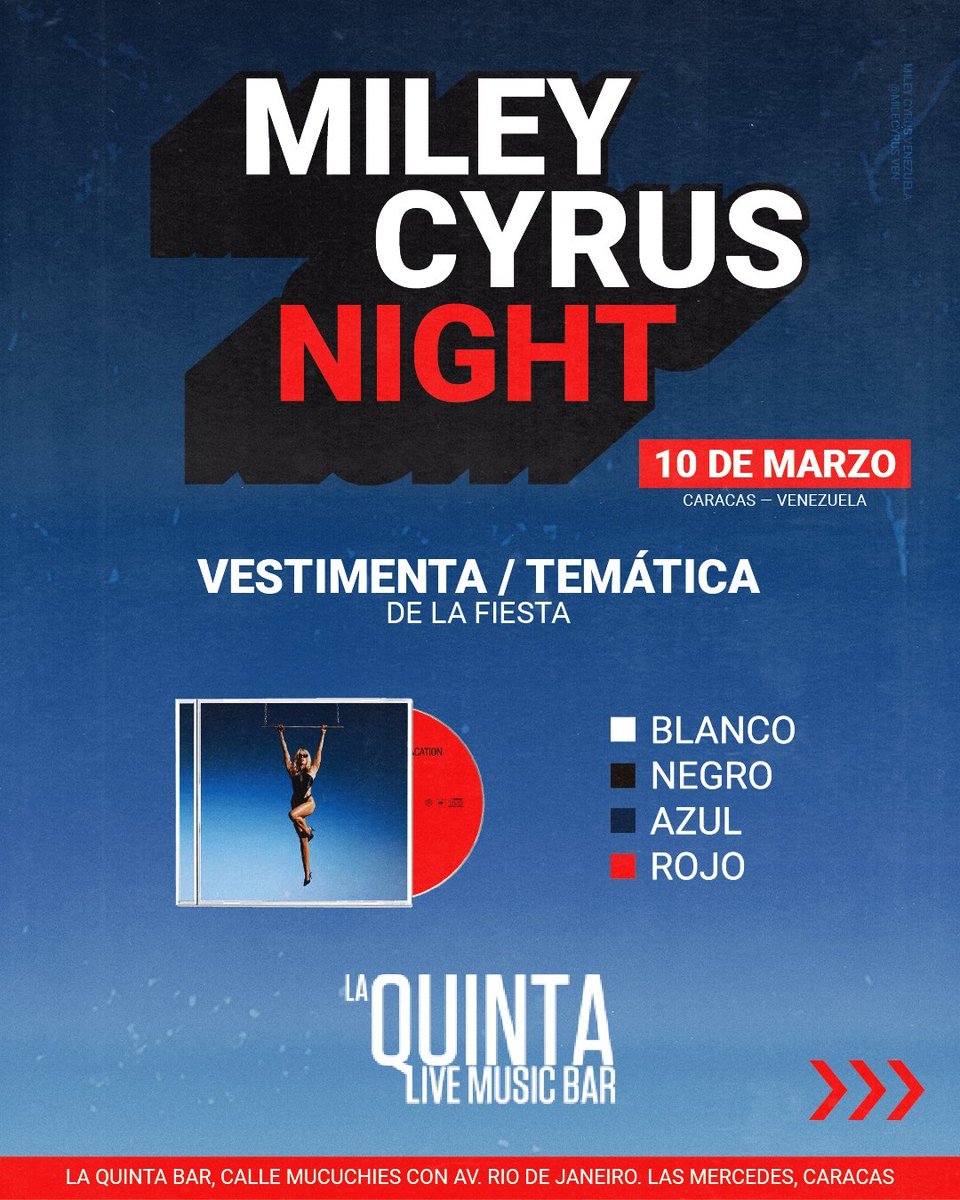 🚨 MILEY CYRUS NIGHT este VIERNES (10/03)

¡RESERVA TU ENTRADA VIA DM!

El nuevo álbum de Miley Cyrus será lanzado este viernes 10 de marzo y no te puedes perder nuestra fiesta de lanzamiento en <a href="/laQuintabart/">La Quinta Bar Live Music Bar</a>.

<a href="/MileyCyrus/">Miley Cyrus</a> <a href="/mileyworld/">mileyworld</a> <a href="/MileyUpdates/">MileyUpdates</a> <a href="/tishcyrus/">Tish Cyrus-Purcell</a>