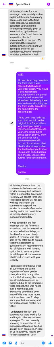 Hey <a href="/SportsDirectUK/">Sports Direct</a> your team could do with some disability training. Why should I be penalised because my tumour has taken away my handwriting? Had I received it next day, I'd STILL have failed to return it within your timeframe. Why no adjustments for brain tumours/injury?