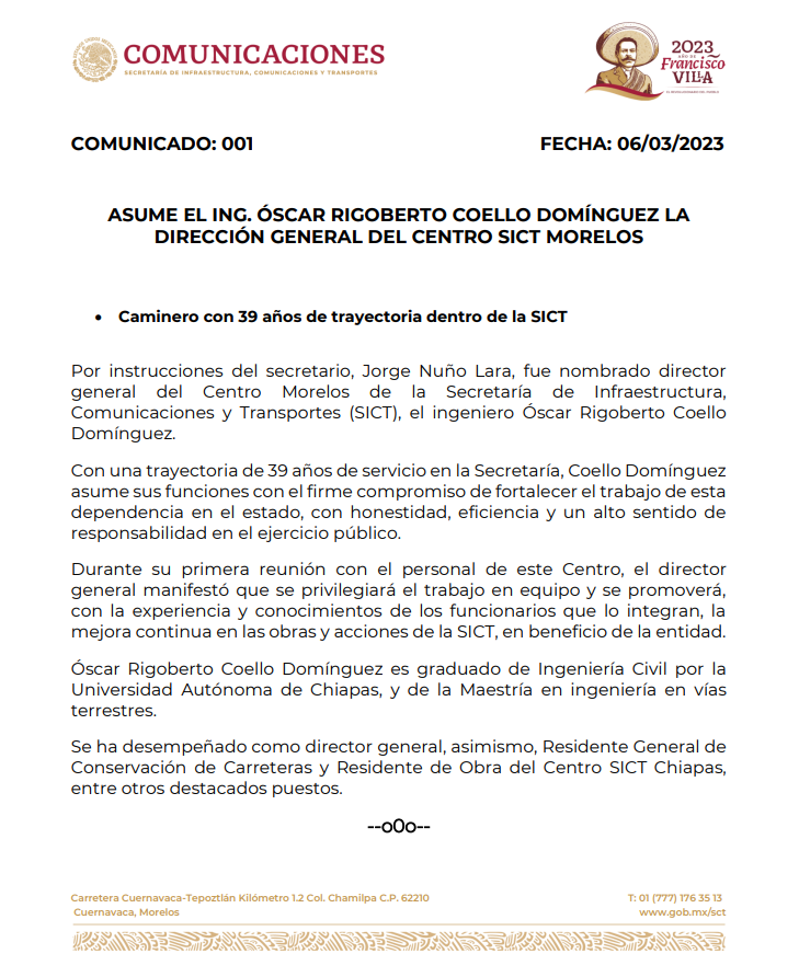 SICTMorelos's tweet photo. 🔴 #ComunicadoSICTMor 

Con 39 años de trayectoria dentro de la SICT, asume el Ing. Óscar Rigoberto Coello Domínguez la dirección general del Centro @SCT_Morelos https://t.co/4Av52QaQAS