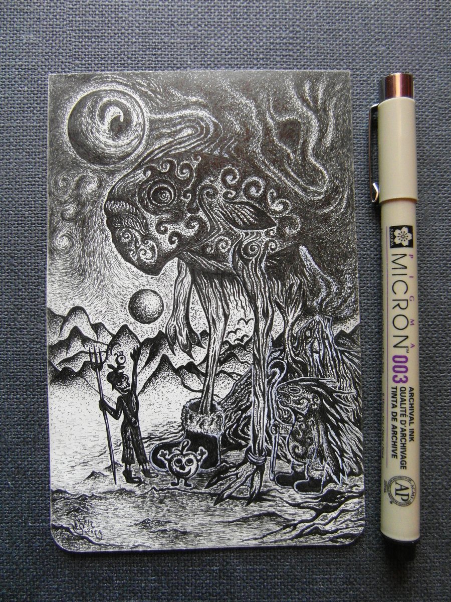 Virivishu's tweet photo. Wanderers
Here you can see how small this drawing is
#art #traditionalart #fineliner #pigmamicron #moleskine #smallartwork #detaileddrawing #hatching #blackandwhitework #illustrationart  #dotsdrawing #ryba #ryby #fish #ethereal #filcoki #gumofilce #butyciepłe #wędrowcy https://t.co/oqAw03lDqW