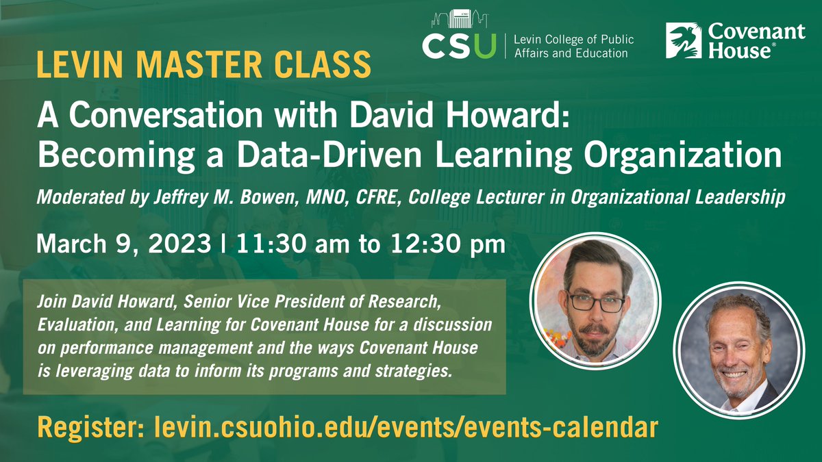 CSULevinCollege's tweet photo. Join us on Thursday, March 9, 2023 from 11:30am to 12:30pm for A Conversation with David Howard:  Becoming a Data-Driven Learning Organization.

Learn more:
https://t.co/dLoyCgswLU https://t.co/6A3sy1kqeN