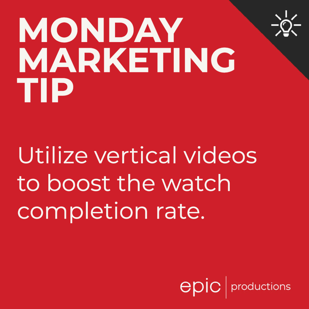 Is horizontal dead? 🤔

Did you know that 90% of vertical videos have a higher watch completion rate compared to horizontal ones? Use this Monday Marketing Tip from Epic to improve your content and see results 💯

#EpicProductions #EpicTeam #MondayMarketingTip #VideoProduction