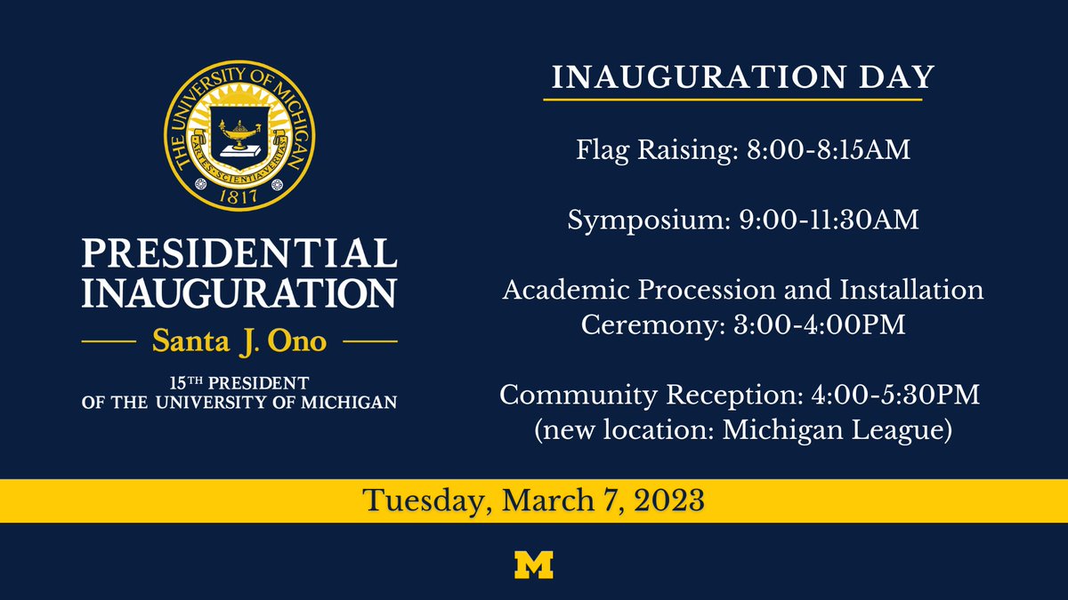 Today, our community celebrates the formal installation of Santa J. Ono as the 15th president of the University of Michigan. Join inaugural events throughout the day in-person or via livestream. Share messages for @UMichPrezOno &amp; photos using #UMichPres15. myumi.ch/gRZV4