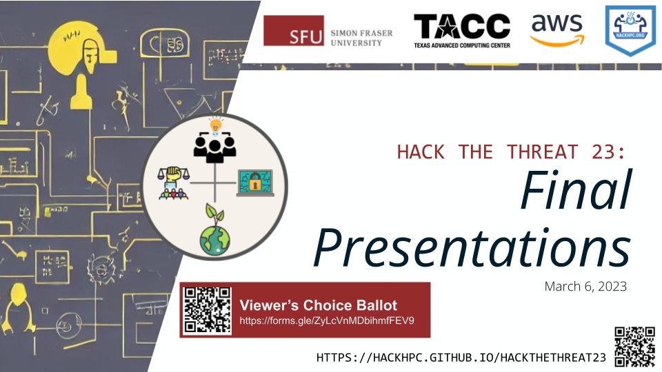 HPCcloudhack (@ccloudhack) on Twitter photo Please join us for the Final Presentations of the #HacktheThreat23 hackathon today March 6th, 2023 @ 7pmET/6pmCT/4pmPT
hackhpc.github.io/HacktheThreat23
Sponsored by: <a href="/SFU/">Simon Fraser University</a> <a href="/TACC/">TACC</a> <a href="/awscloud/">Amazon Web Services</a> <a href="/ccloudhack/">HPCcloudhack</a> Please join us for the Final Presentations of the #HacktheThreat23 hackathon today March 6th, 2023 @ 7pmET/6pmCT/4pmPT
hackhpc.github.io/HacktheThreat23
Sponsored by: <a href="/SFU/">Simon Fraser University</a> <a href="/TACC/">TACC</a> <a href="/awscloud/">Amazon Web Services</a> <a href="/ccloudhack/">HPCcloudhack</a>