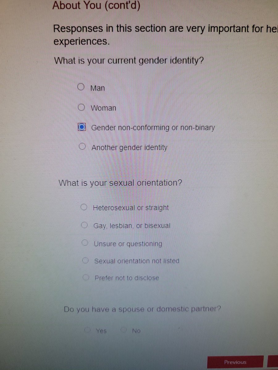 Dr. Andrew Scheldorf (@malusbutnice) on Twitter photo So while over 300 bills have been proposed targeting trans folks across this country and making it more difficult to focus on our work <a href="/CornellGrad/">Cornell Grad School</a> isn't even collecting data on our experiences?
Identity questions should be self identified, not preset options. So while over 300 bills have been proposed targeting trans folks across this country and making it more difficult to focus on our work <a href="/CornellGrad/">Cornell Grad School</a> isn't even collecting data on our experiences?
Identity questions should be self identified, not preset options.