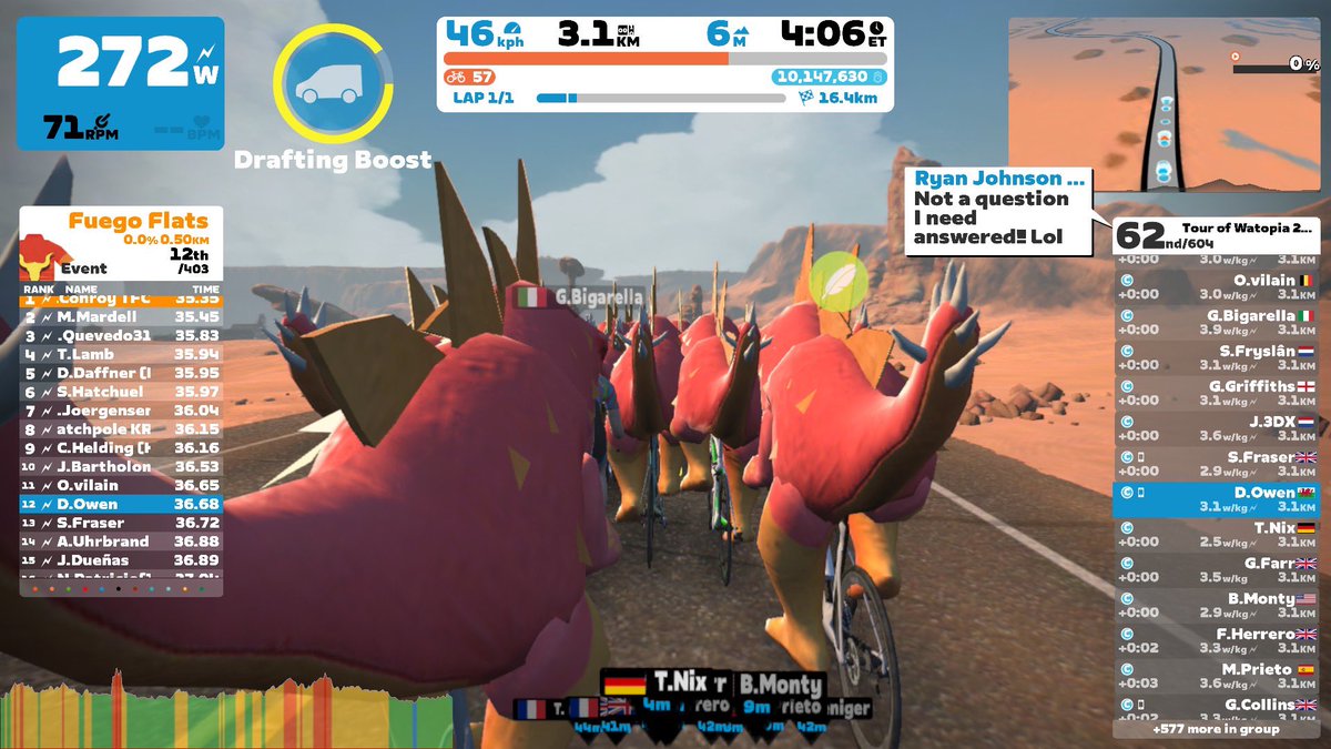 FatherofGriff's tweet photo. Good fun on @zwift tonight.  Dinosaurs!  Surely @DrJamesGill inspired? #zwift https://t.co/xyuCWQoGB5