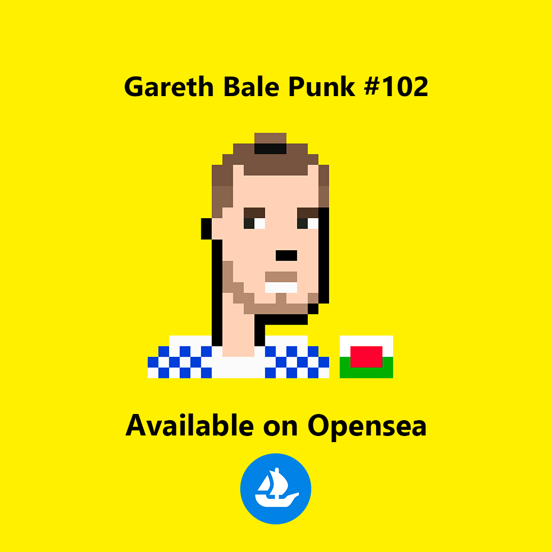 FOOTPunksC's tweet photo. Gareth Bale Punk #102 is now available!

Built your own team and show off in the metaverse with your FOOTPunks ⚽

42/130 already sold 💰

-Floor price starting at 0.04 Ξ 🚀

👉 Link in bio 👀

#NFT #opensea   #openseaart   #NFTartist  #NFTcollectibles #football #footballcards https://t.co/T0yTXhsLc4