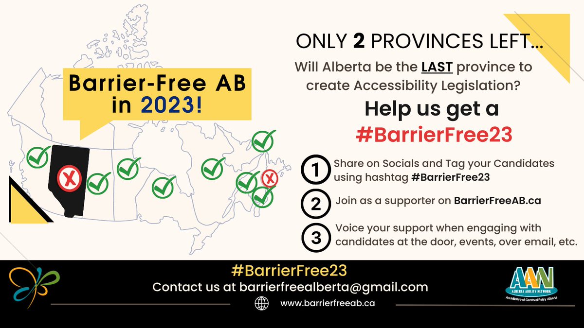 Excited to announce our new Provincial Election Campaign! It’s time for AB to elect a gov that will prioritize accessibility. Talk to your candidates about #BarrierFree23 and ask them to commit to passing an act in 2023. 
⬇️For more ideas on how you can help get a #BarrierFreeAB