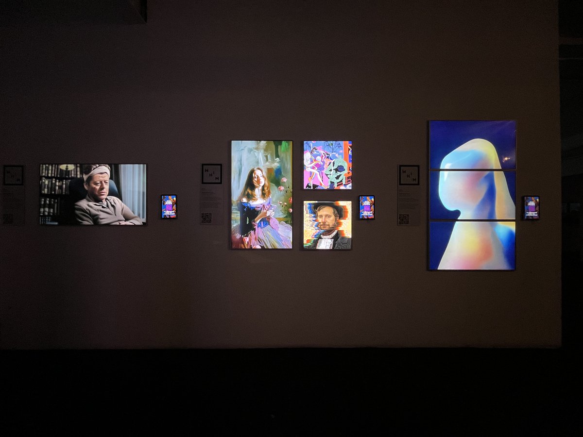 YankelVision's tweet photo. My work (lower right center) - "Self Portrait" - in #MAIFDeepFake exhibition at @SuperchiefNFT's LA gallery, alongside fellow @MAIFMAIFMAIF artists's work (left to right): @phoebusxyz @petravoice @0xJoain &amp; @mg_deangelis. https://t.co/aBIpixQcWm