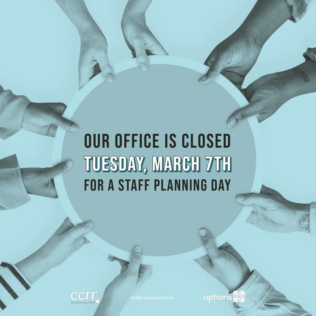 chcareoptions's tweet image. Reminder! The office will be closed on Tuesday, March 7th for our annual staff planning day and will reopen on Wednesday morning at 9:00 am. 

#officeclosure #programplanning #strategicplanningday #staffplanningday #ccrr