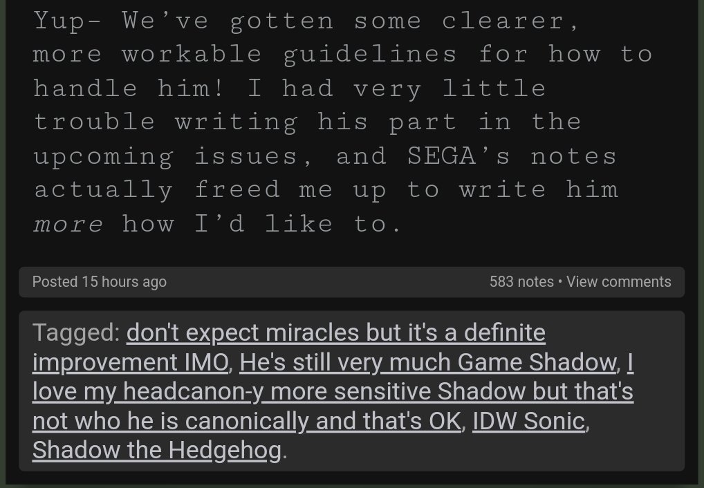 krack932's tweet image. Holy shit. Hoooly shit

"We’ve gotten some clearer guidelines"
"Shadow being more understood is what happened." 
"SEGA requested to have him explain his reasoning when it makes sense to do so and to showcase his intelligence" 
spiritsonic.tumblr.com/post/711022657…
spiritsonic.tumblr.com/post/711072468…
