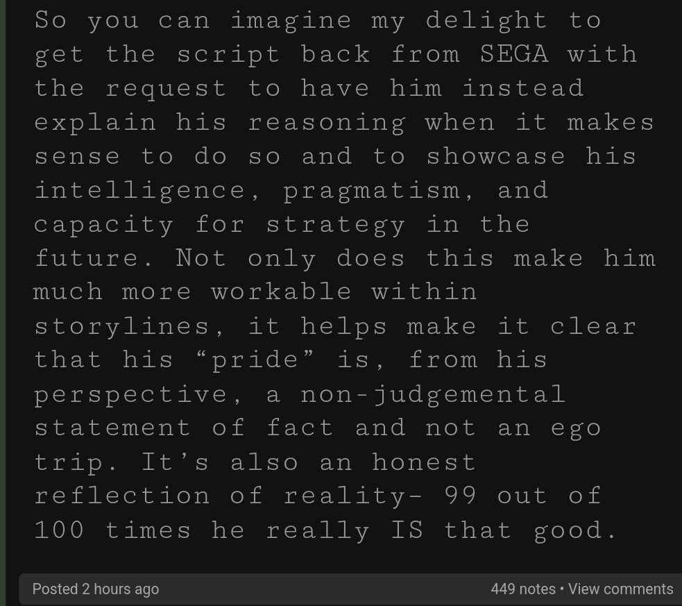krack932's tweet image. Holy shit. Hoooly shit

"We’ve gotten some clearer guidelines"
"Shadow being more understood is what happened." 
"SEGA requested to have him explain his reasoning when it makes sense to do so and to showcase his intelligence" 
spiritsonic.tumblr.com/post/711022657…
spiritsonic.tumblr.com/post/711072468…