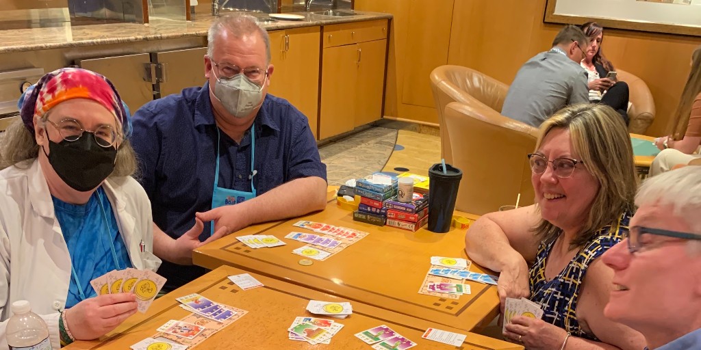 LooneyLabs's tweet photo. Kristin &amp; Laurie had the great pleasure of playing #Bohnanza by @AMIGOSpiele with industry friends Alex Yeager, Pat Fuge, and Paula Gnomer while on the Toy Boat (a trade show cruise)! It was great seeing you all!

Tell us what you have been playing. #WhatDidYouPlayMondays https://t.co/FJa1JwAmAM