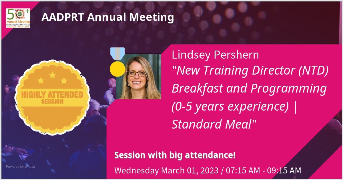 LindseyPershern's tweet photo. Gave a talk at AADPRT Annual Meeting on New Training Director (NTD) Breakfast and Programming (0-5 years experience) | Standard Meal. Thanks for the great turnout! #aadprt2023 - via #Whova event app https://t.co/KSe46lQpJ8