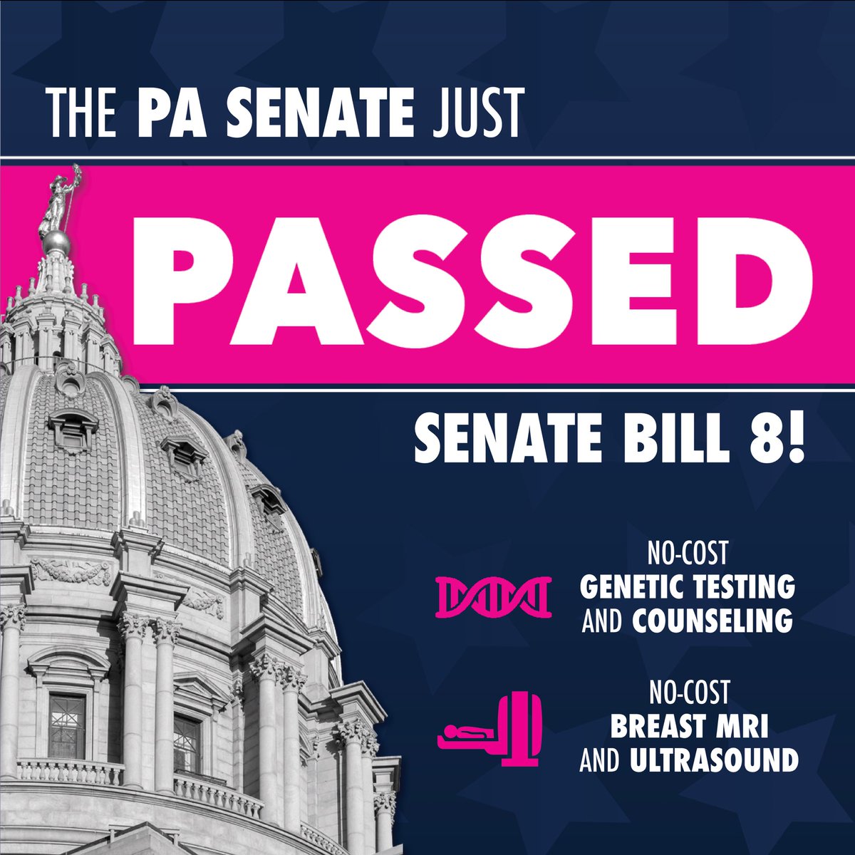 PBCC's tweet photo. 50-0! It’s UNANIMOUS!

The PA Senate just voted to approve Senate Bill 8, which eliminates all costs associated with genetic testing and counseling and breast MRI and ultrasound for Pennsylvanians at high risk. 

Thank you, senators!

Read more at https://t.co/yth7HB6UBN https://t.co/TeLMK8a5Xf