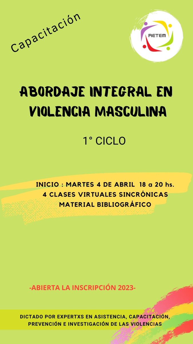 RETEM14's tweet photo. Retem invita a inscribirse en la Capacitación 2023 en el "Abordaje integral en violencia masculina"
https://t.co/ATswvhLkSe https://t.co/pQeXTIs3Pv