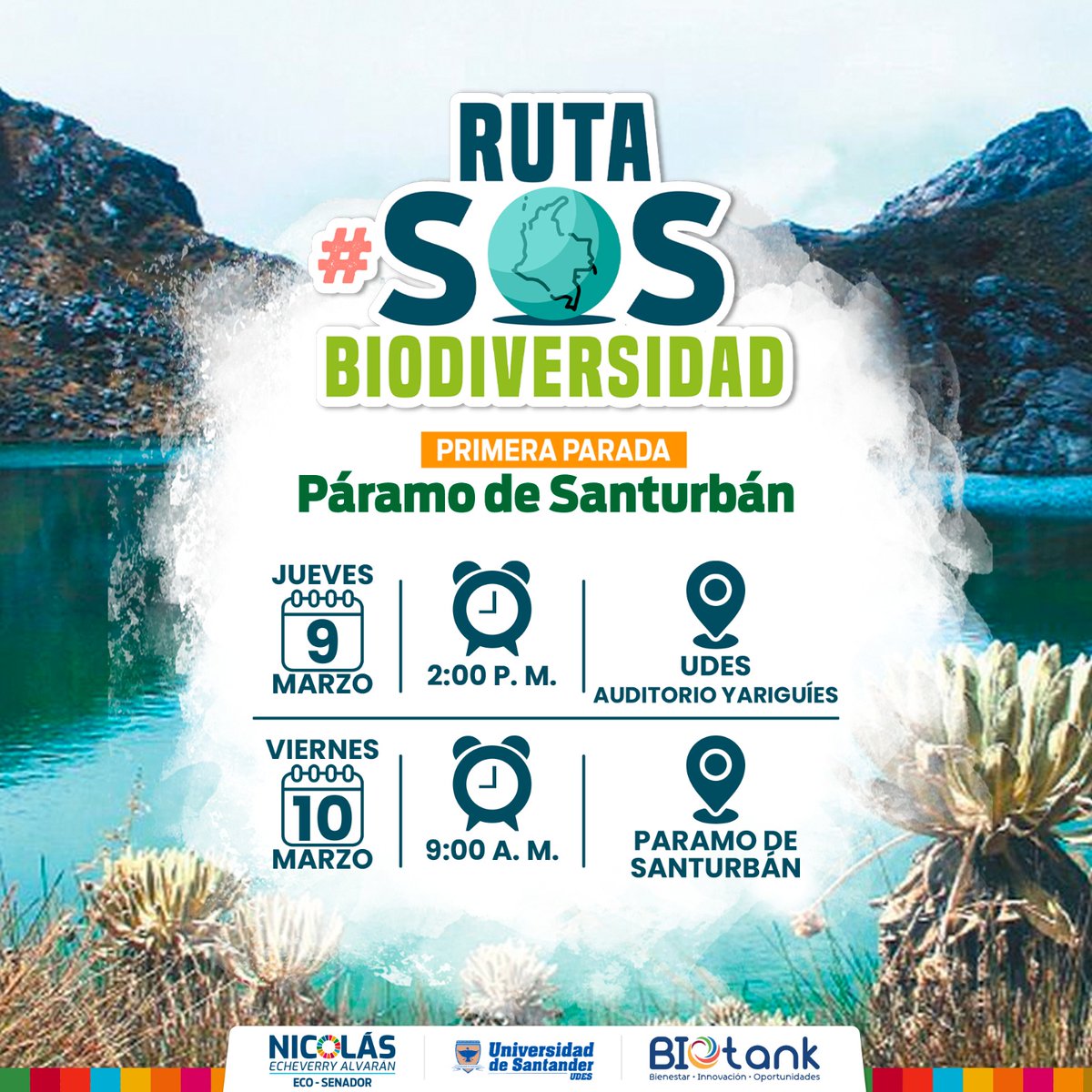 1️⃣♻️🌱 ¡El Páramo de San Turbán, primera parada de la Ruta #SOSBiodiversidad!💧🌳🏔️

Los próximos jueves y viernes, 9 y 10 de marzo, llevaremos a cabo nuestro primer diálogo social con actores interesados en tomar acciones para detener la pérdida de la biodiversidad en Colombia.