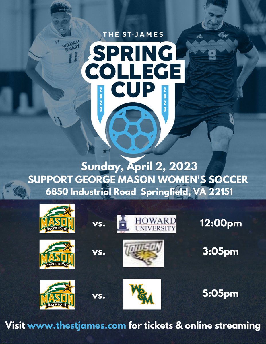 Less than a month away from the 2023 <a href="/TheStJames/">The St. James</a> #SpringCollegeCup. Let's have a 👀at <a href="/MasonWSOC/">George Mason Women's Soccer</a> and their match ups on April 2nd. 

📲: eventbrite.com/e/the-st-james…