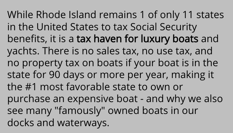 Did you know? 

#taxes #boats #luxuryyachts #DidYouKnow #taxshelter #taxhaven #RhodeIsland #SocialSecurity