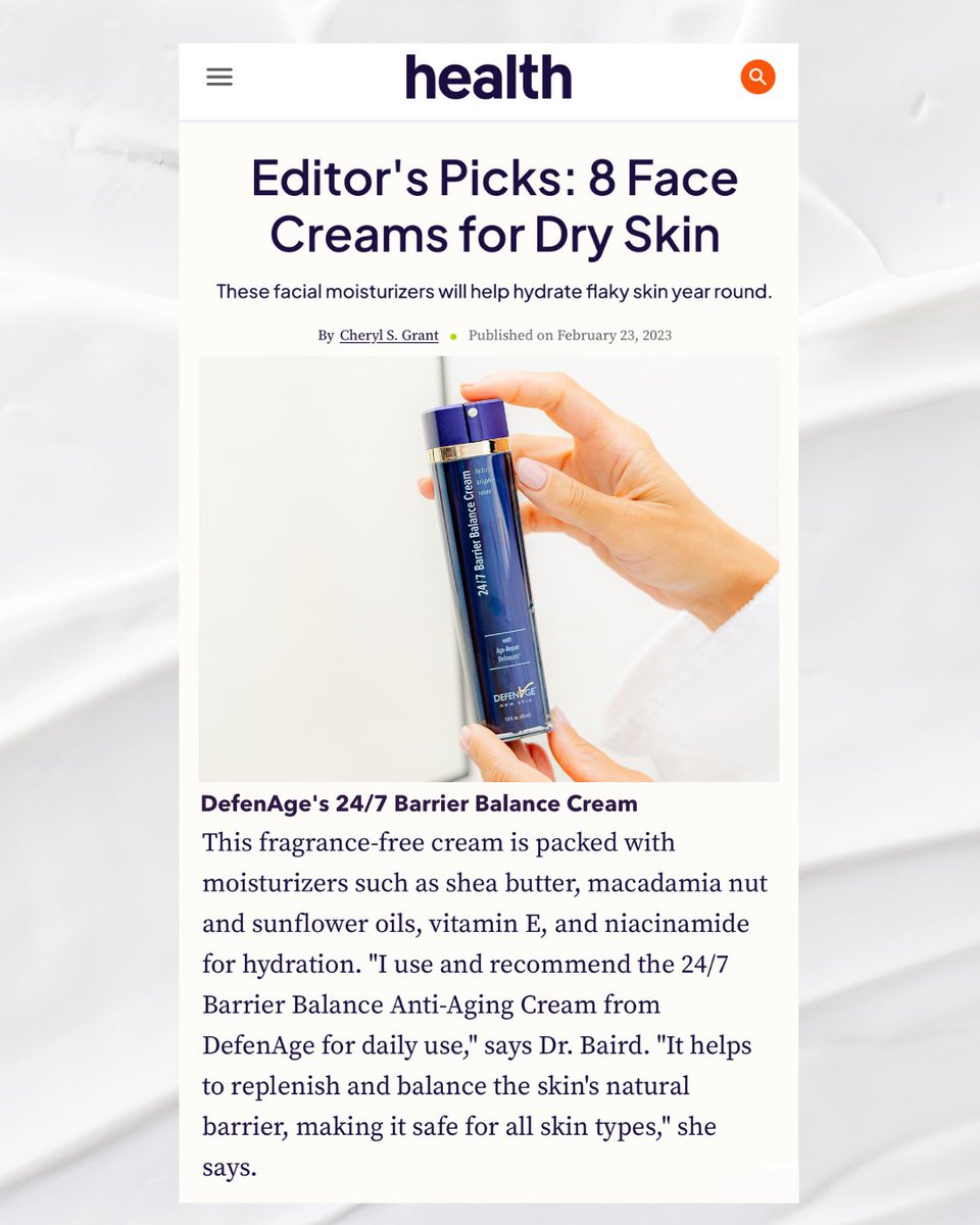 DefenAge in the News:  "It helps to replenish and balance the skin's natural barrier, making it safe for all skin types."

-Board-Certified Dermatologist Kristin M. Baird, MD, FAAD
-
#DefenAge #NewSkin #SkinBarrier #Defensins #Dermatologist #DermatologistRecommended  <a href="/health/">Health</a>
