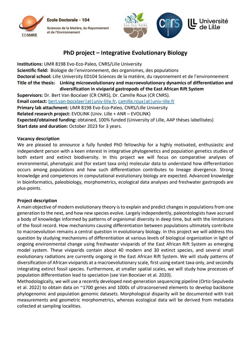 Claudimarceo's tweet photo. #PhDposition in integrative evolutionary biology at @Evo_Eco_Paleo @univ_lille directed by Bert Van Bocxlaer and @CRouxEvo 

Please #retweet to get the word out! 
#phylogenetics #popgenetics #freshwatermolluscs 🐌#Africa #morphology

More info 👇 https://t.co/QJwigjIOlW