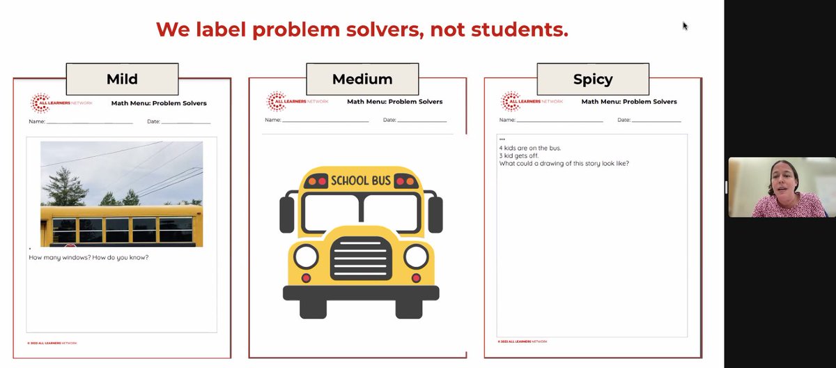 We don't call our students 'high, medium, low.' We do love to call our problems 'mild, medium, spicy' and allow students choice and independence in which level(s) of tasks they engage with on a given day! Big idea from Erin Oliver at our virtual conference! #iteachmath #math4all