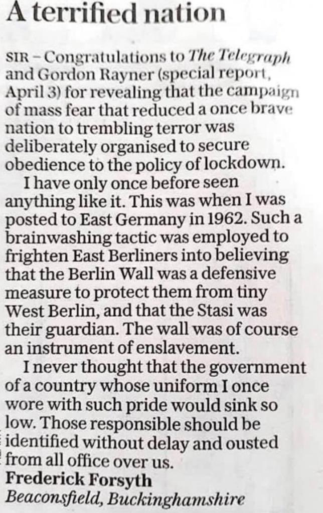 JohnMappin's tweet image. No words…

I just saw this letter to ⁦@Telegraph⁩ by Frederick Forsyth.   

He is right of course.  

Now.  

The full danger of mRNA vaccines must be exposed.   

I just thought this letter may have skipped your notice.  

John.