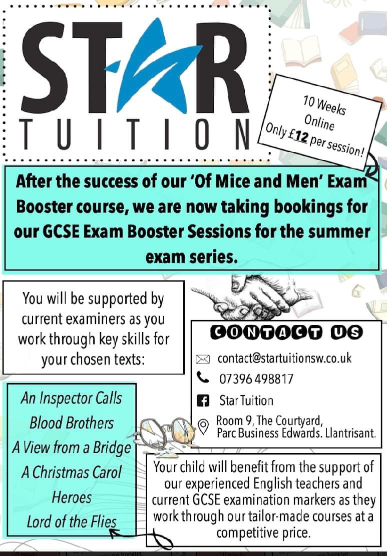 10 WEEK ONLINE WJEC GCSE ENGLISH COURSES 🤩

£12 p/hr! 

🌟Heroes/An Inspector Calls 
🌟Blood Brothers/A Christmas Carol 
🌟Lord of the Flies/A View From the Bridge 
🌟Unit 2/3 English Language 

All delivered by English teachers and GCSE examiners.

Spaces are filling fast!