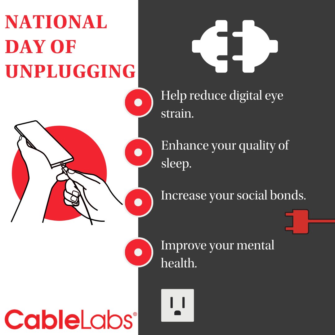 CableLabs's tweet image. Today marks the #NationalDayofUnplugging a much needed opportunity to step away and enjoy some free time from digital distractions. 🔌 Check out some of the benefits of #unplugging