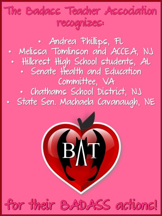 Lots of winners for our latest BAT Action Awards. Many thanks to these Education Activists! Details here:  
facebook.com/BadassTeachers… #TBATs <a href="/TxBats/">Texas Bats</a> <a href="/OklahomaBATs/">OklahomaBATs</a> <a href="/Nodakbats/">NoDakBats</a> <a href="/SoDakotaBATs/">SouthDakotaBATs</a> <a href="/kansasbats/">Kansas BATs</a> <a href="/WyomingBATs/">WyomingBATs</a> <a href="/MontanaBATs/">Montana</a> <a href="/IdahoBATs/">IdahoBATs</a>