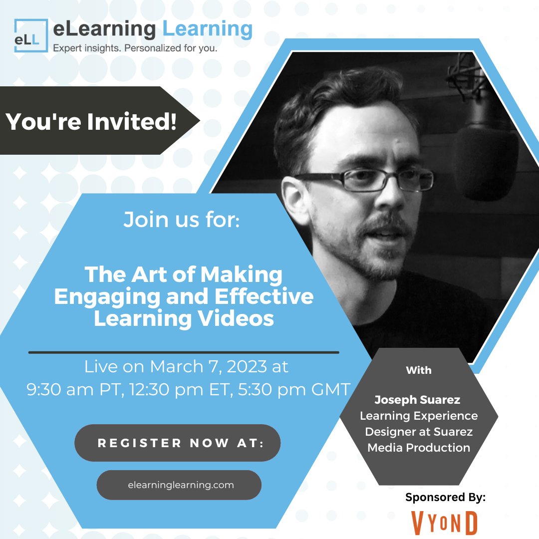 Vyond's tweet image. 🗓️ Happening tomorrow (March 7)! We've partnered with @elearningPosts to bring you, The Art of Making Engaging and Effective Learning Videos with Joseph Suarez aka the "learning and development renaissance man.” 

Register: bit.ly/3Xfuy1N

#CommunicateBetter #LandD
