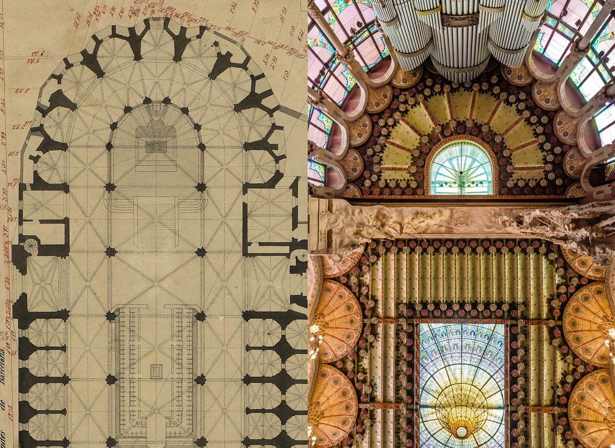 efemarq's tweet photo. Us n'havíeu adonat que el Palau de la Música Catalana és un homenatge/recreació de la Catedral de Barcelona?... Absis (escenari) + altar del bisbe (claraboia del mestre Millet) + transsepte (prosceni amb valquíries) + nau (sala) + cor (gran lluerna del sostre). https://t.co/OVvjH2OPAY