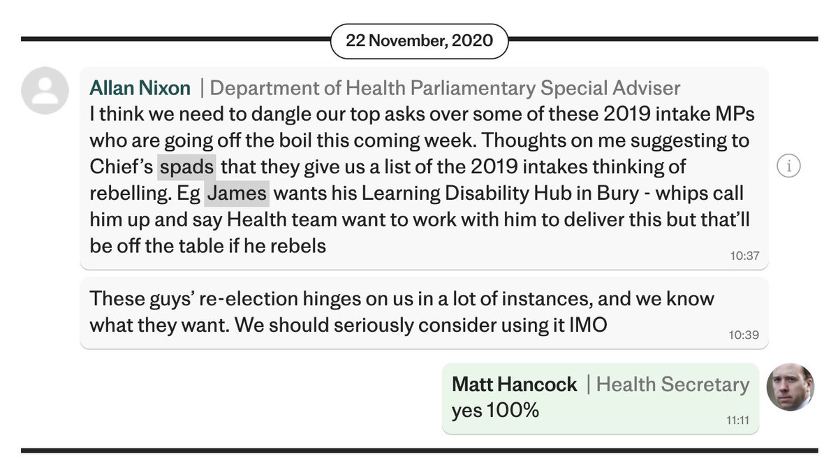 🔴 NEW: Matt Hancock and his team discussed blocking a new disability hub as a way to pressure a rebel Tory MP into supporting new Covid restrictions, #TheLockDownFiles reveal.