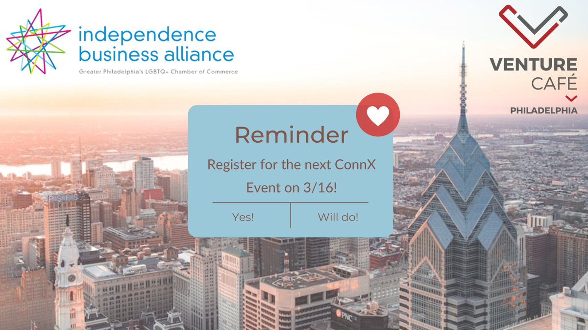 REMINDER: register for our next ConnX event on March 16th from 5:30-7pm at the @ucsciencecenter 
We’ll be visiting @vencafephl for their Thursday Gatherings. Join us in networking with folks doing amazing things for business innovation across our region!
thinkiba.member365.com/public/event/d…
