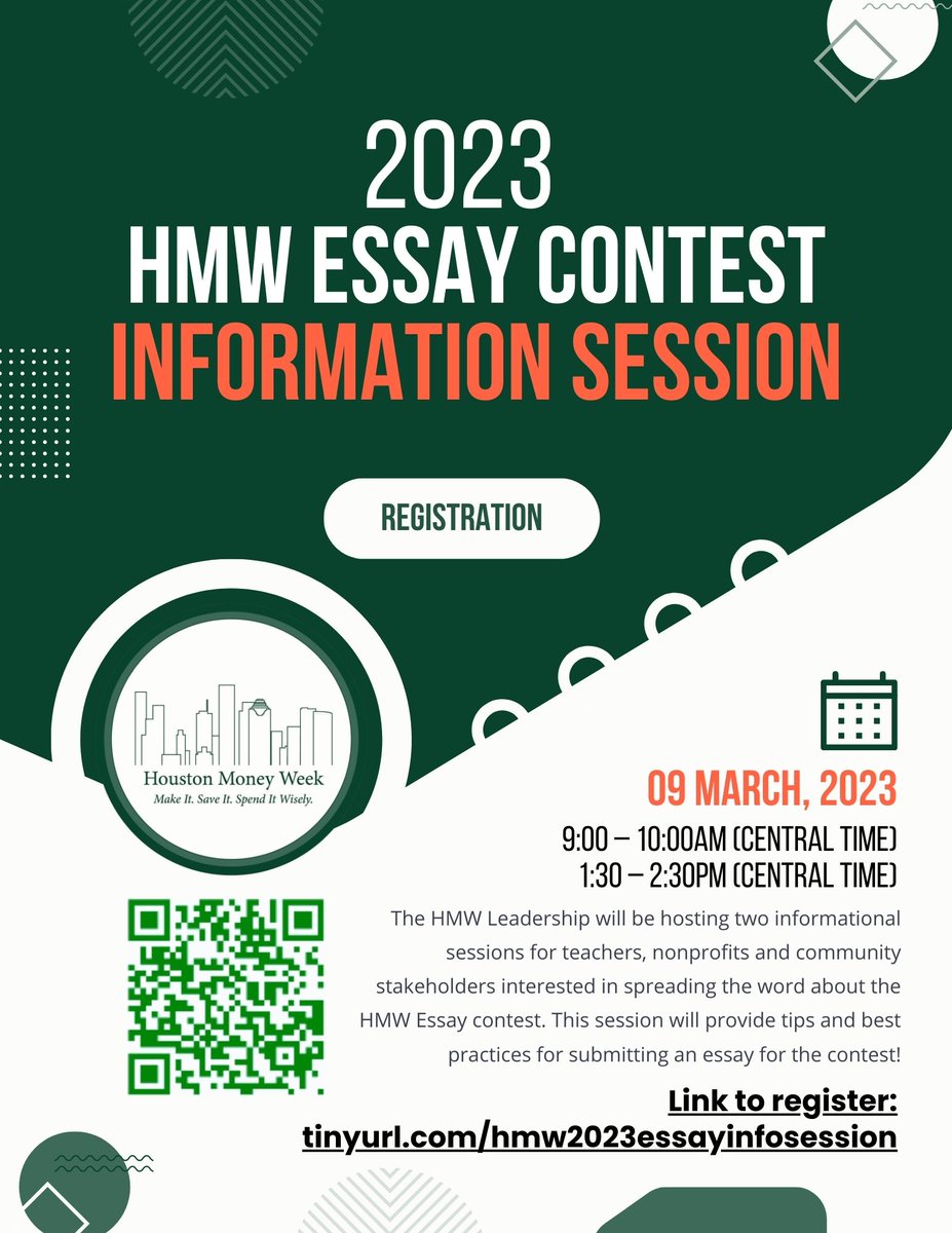 Houston Money Week is hosting an essay contest for middle school, high school, and adult learners with some awesome prizes! Please see below how teachers, nonprofits, and community members can sign up for the information session.  #financialliteracy #adultlearner #adultliteracy