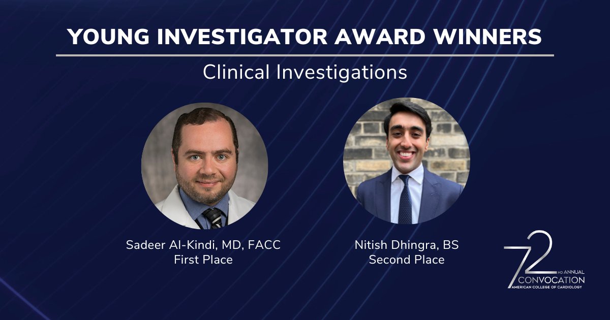 American College of Cardiology (@accintouch) on Twitter photo Winners of the Young Investigator Award in Clinical Investigations Category:
๐ฅ Sadeer Al-Kindi, MD, FACC <a href="/Sadeer_AlKindi/">Sadeer Al-Kindi, MD</a>
๐ฅ Nitish Dhingra, BS <a href="/NitishKDhingra/">Nitish K. Dhingra</a>
#ACC23 #WCCardio #TheFaceofCardiology Winners of the Young Investigator Award in Clinical Investigations Category:
๐ฅ Sadeer Al-Kindi, MD, FACC <a href="/Sadeer_AlKindi/">Sadeer Al-Kindi, MD</a>
๐ฅ Nitish Dhingra, BS <a href="/NitishKDhingra/">Nitish K. Dhingra</a>
#ACC23 #WCCardio #TheFaceofCardiology