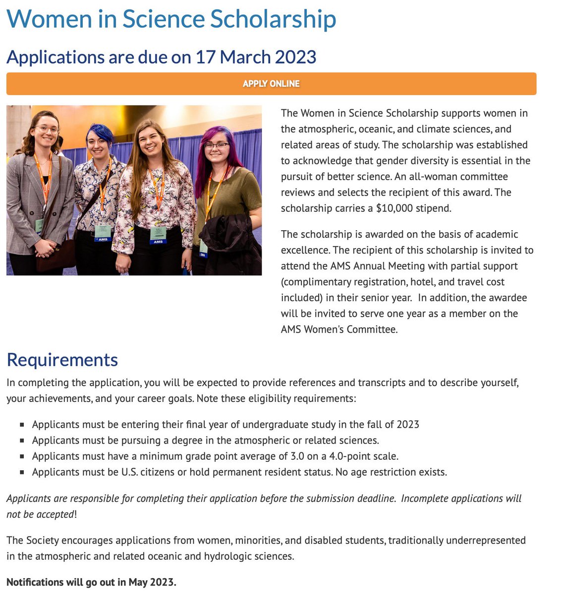 The AMS Women in Science Scholarship application is open until March 17th! This scholarship supports women in the atmospheric and related sciences during their senior year and carries a $10,000 stipend. 

For more information, visit:
ametsoc.org/index.cfm/ams/…

#WomensHistoryMonth💜