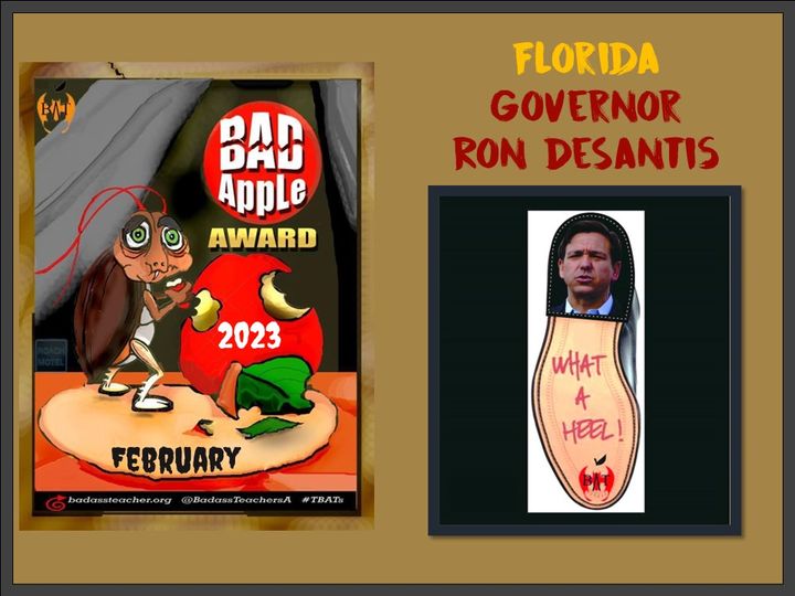 Again this month we scraped the bottom of the barrel &amp; found Ron DeSantis. His attacks on public schools, teachers &amp; students just keep coming. #TBATs facebook.com/BadassTeachers… <a href="/SoDakotaBATs/">SouthDakotaBATs</a> <a href="/Nodakbats/">NoDakBats</a> <a href="/kansasbats/">Kansas BATs</a> <a href="/MontanaBATs/">Montana</a> <a href="/TxBats/">Texas Bats</a> <a href="/OklahomaBATs/">OklahomaBATs</a> <a href="/WyomingBATs/">WyomingBATs</a> <a href="/IdahoBATs/">IdahoBATs</a>