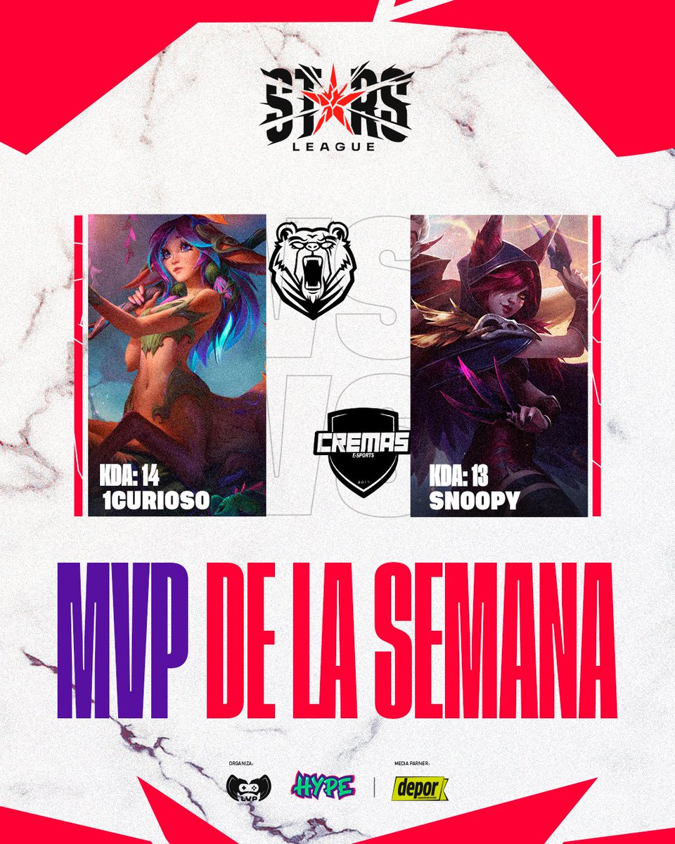 Llegó el momento del MVP de la semana 🤩⭐

Con ustedes: 1Curioso que repite plaza para <a href="/GoBears_Oficial/">Spectacled Bears</a> y Snoopy de <a href="/CremasEsports/">Cremas Esports</a> que la rompió en la botlane ✨

La elección del mejor de las últimas jornadas de la #StarsLeague, es toda suya ⬇️