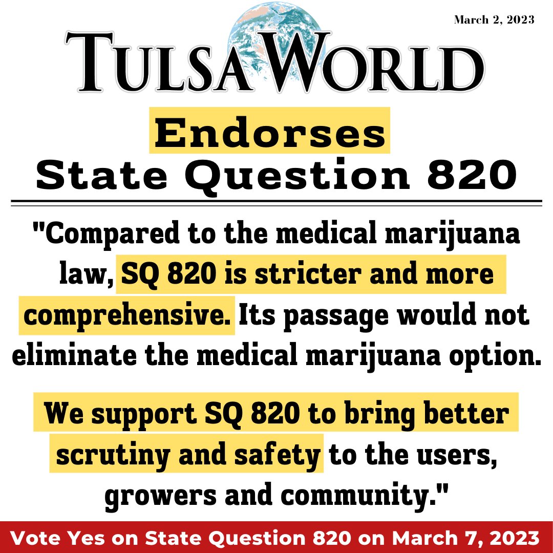 ICYMI: The @tulsaworld endorsed the #YesOn820 campaign! The election is tomorrow. Please make a plan to vote for #SQ820 tulsaworld.com/opinion/editor…