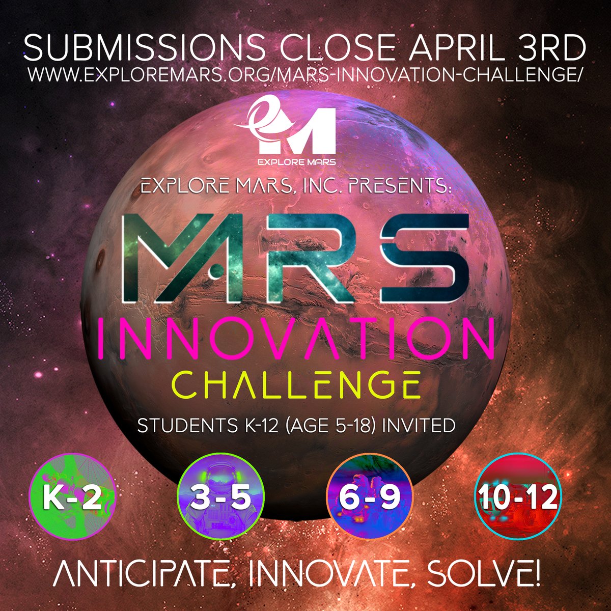 Do you have ideas for how to help solve problems for humans surviving, living, &amp; thriving on Mars?

Join the #MarsInnovationChallenge! Open to k-12 students all over the globe!
Submissions close April 3rd
For more info go to:
exploremars.org/Mars-Innovatio…

#exploremars #humanstomars